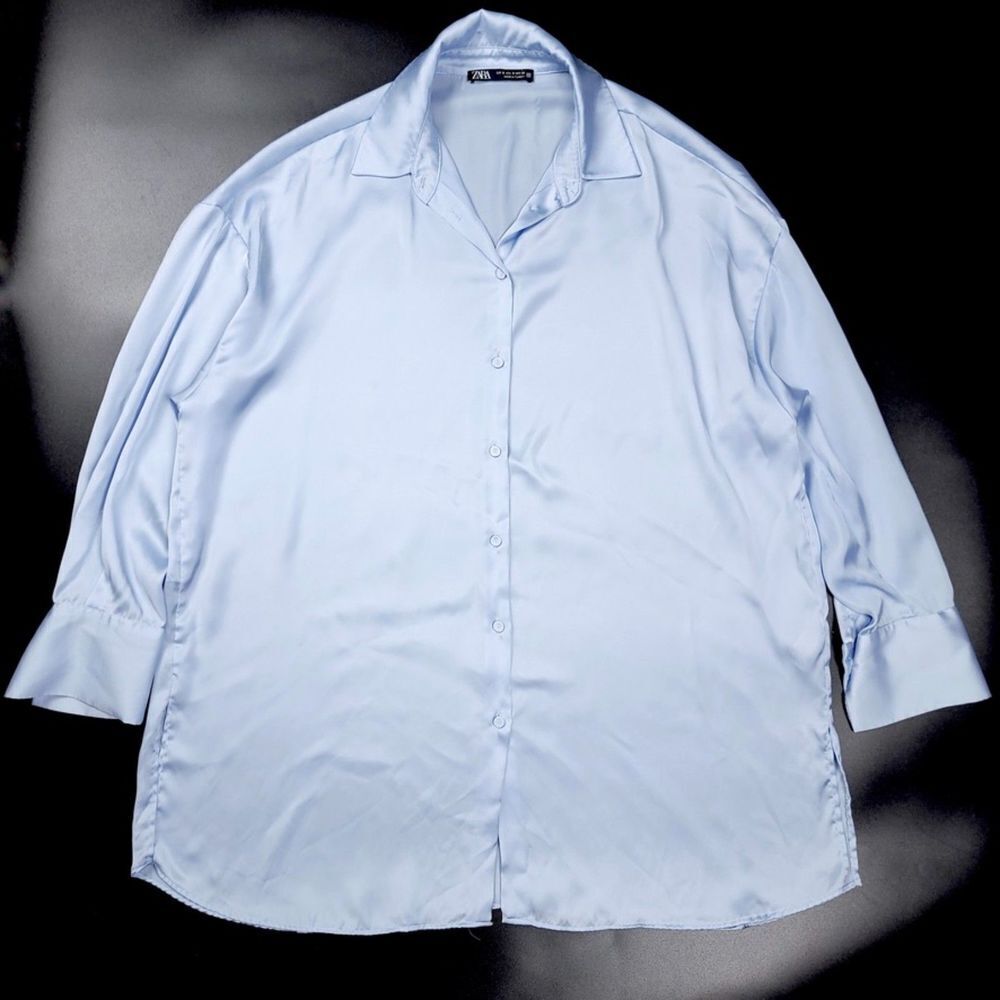 ZARA Flowy Oversized Button Down Shirt Dress with Covered Buttons Blue Small 90s